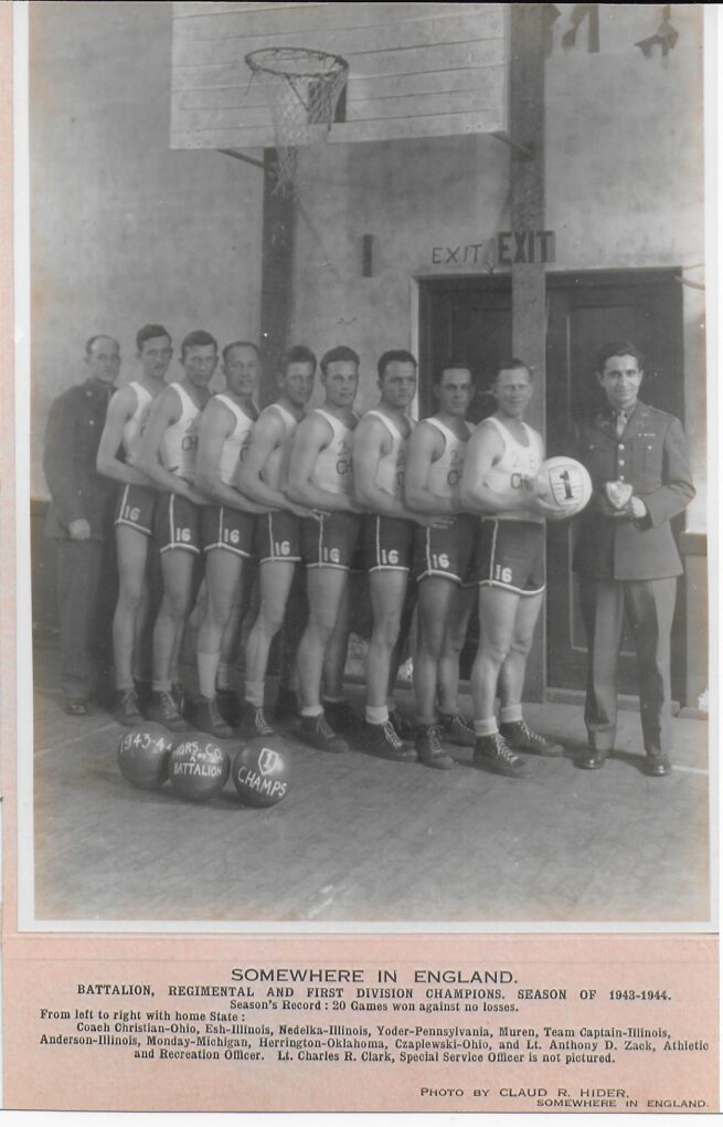 Basketball team, based in Bridport, became 1943-4 Divisional Champions. They all survived D-Day. They played in St Mary's Church Hall, Bridport.
